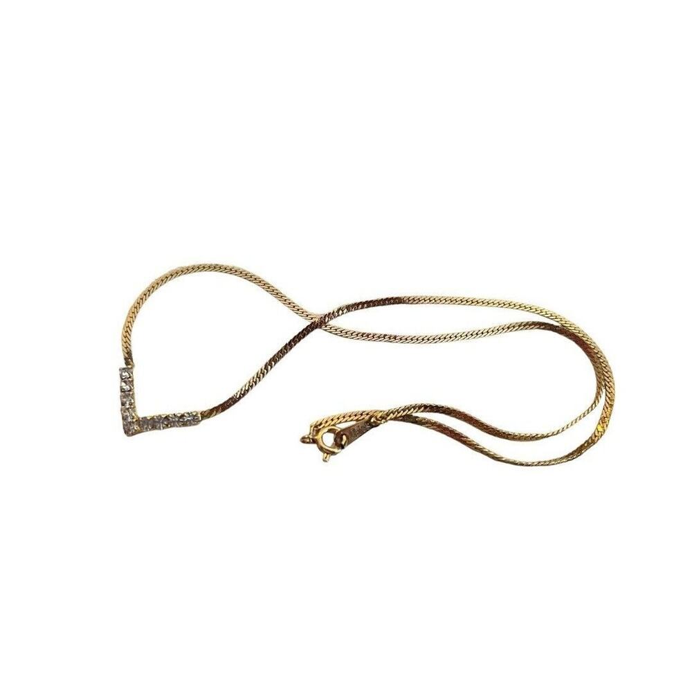 17" Serpentine Gold Tone V Shaped Rhinestone Inlaid Necklace